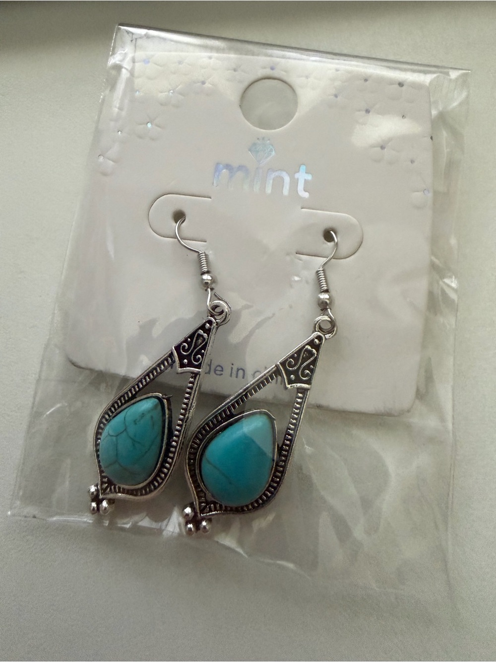 Mint Turquoise Teardrop Silver-tone Filigree Dangle Earrings